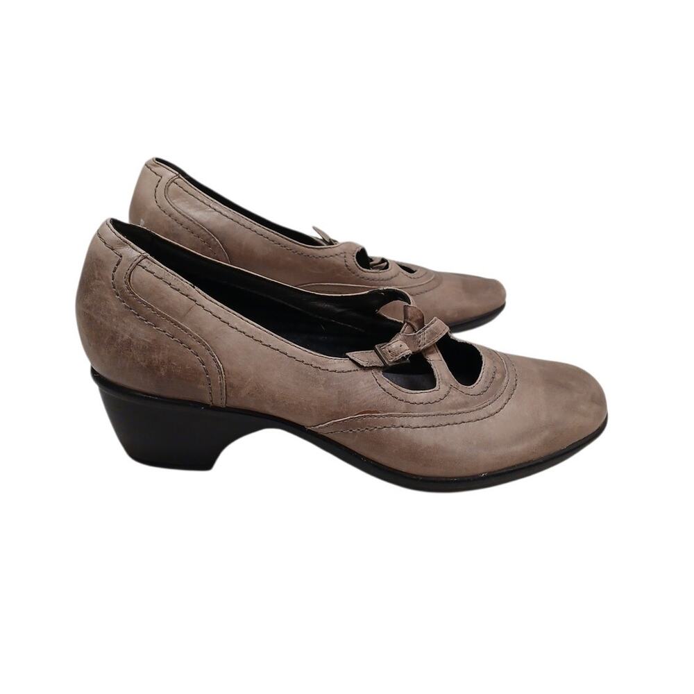 Clarks Mary Jane Twist Straps Leather 2" Heel 11 M Fawn Tan Comfort Shoes Preppy
